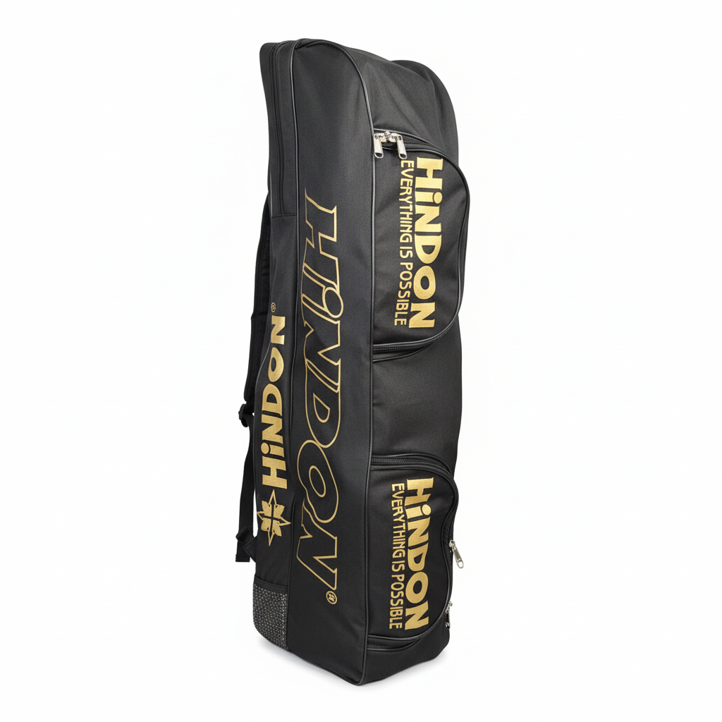 Black sports bag with gold branding on a white background